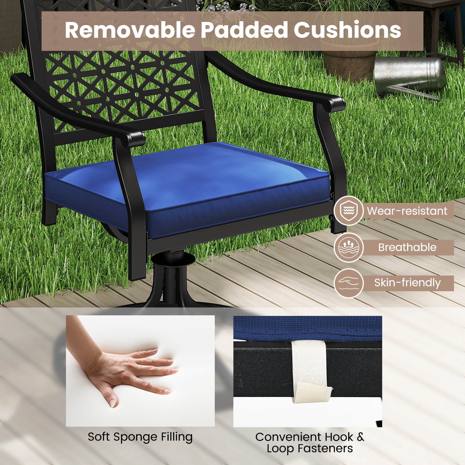 Costway 4 PCS Outdoor Swivel Chairs Patio Dining Chairs with Padded Cushions High Back Navy