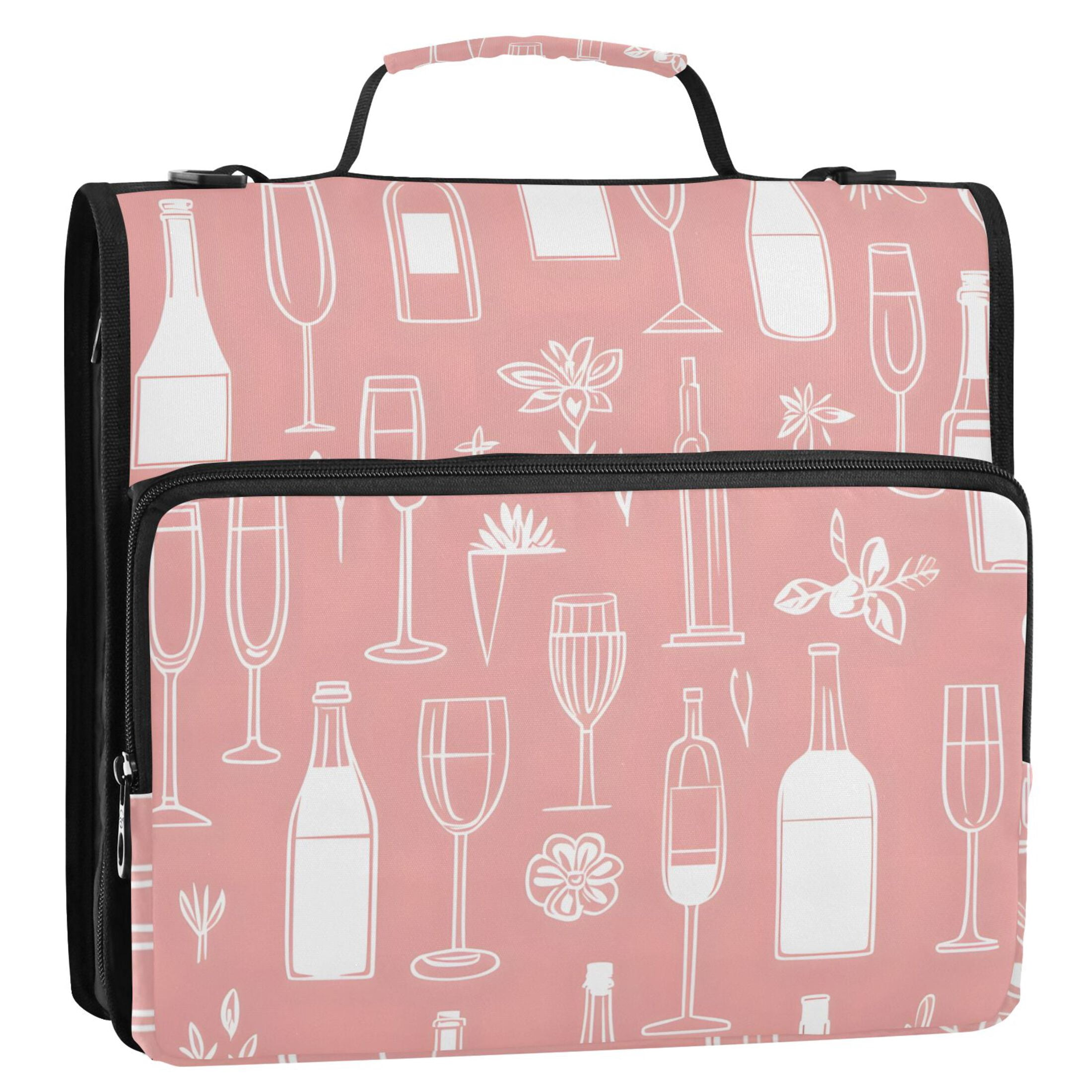 3 Ring Zipper Binder with Shoulder Strap Waterproof Trapper Keeper 2 Inch D-Ring 500 Sheets Capacity Lines Wine Bottle Glass
