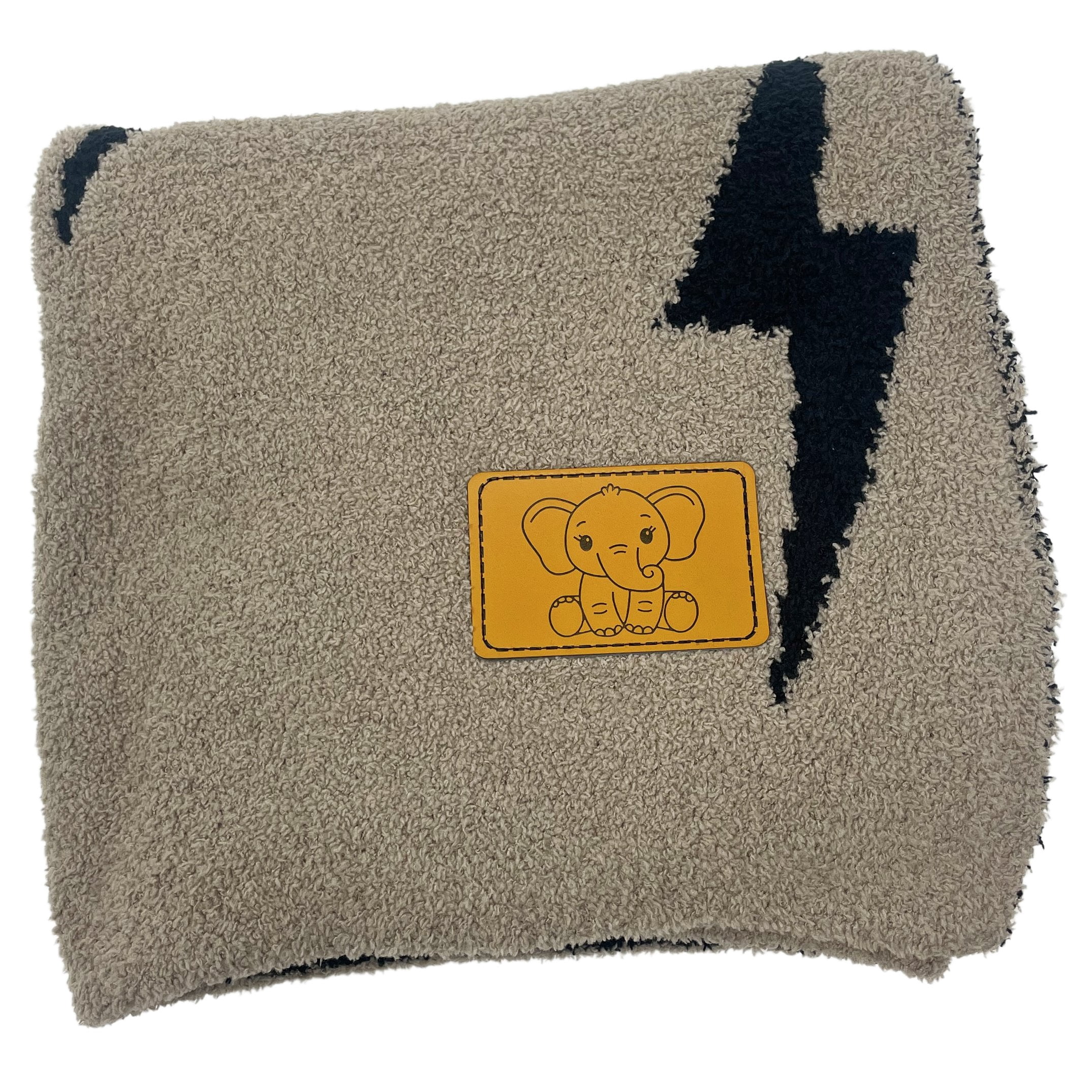Lightning Bolt Baby Blanket 28"x40" with Leather Patch - Soft Knitted Throw - Receiving Blanket/Newborn Gift Essential for Nursery Black/Brown