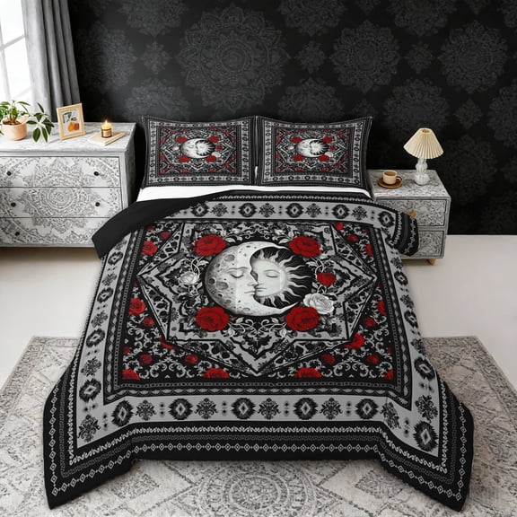 Erosebridal Boho Sun and Moon Full Size Comforter Sets, Bohemian Aztec Mandala Bedding Sets, Black Gray Red, Black Reversible 3 Pieces, 1 Comforter and 2 Pillowcases