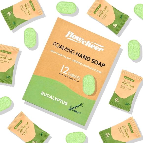 Recambios de tabletas de jabón de manos espumoso flowcheer, paquete de 12 tabletas de lavado de manos con aroma a eucalipto sin residuos, hace 12 botellas de jabón de 8 onzas líquidas (96 onzas líquid