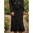 thumbnail image 2 of Black Polka Dot Midi Skirt With Lace Trim Flowing Sheath Style, 2 of 8