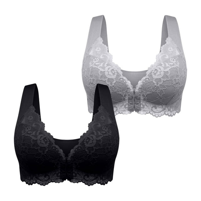 Pisexur 2 Piece Womens Bras Solid Color Embroidered Lace Bralettes High Support Push Up Bras for Women No Underwire Full Figure Wireless Bra Plus Size Everyday Underwear