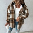 thumbnail image 3 of Women's Plaid Jackets Patchwork Hooded Button Drawstring Woolen Cardigan Thicken Casual Warm Fall Winter Outfit (S, Brown), 3 of 5