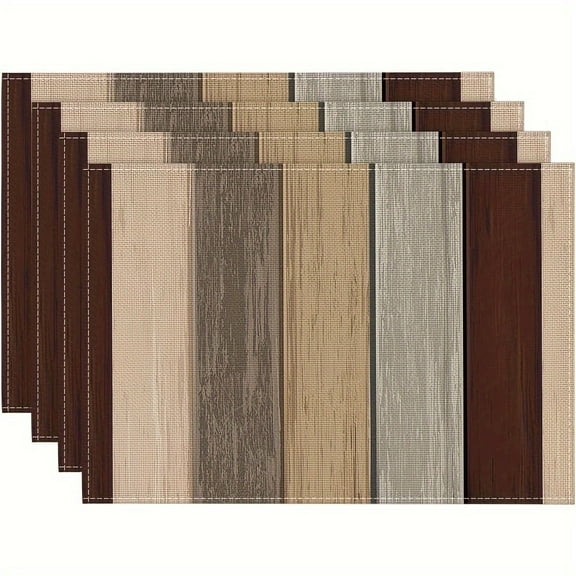 ZGAD Machine Washable Linen Placemats - Rustic Wood Grain Design Woven Table Mats, Rectangle 12x18 Inch - Set of 4, Antique Brown for Dining, Kitchen & Party Decor