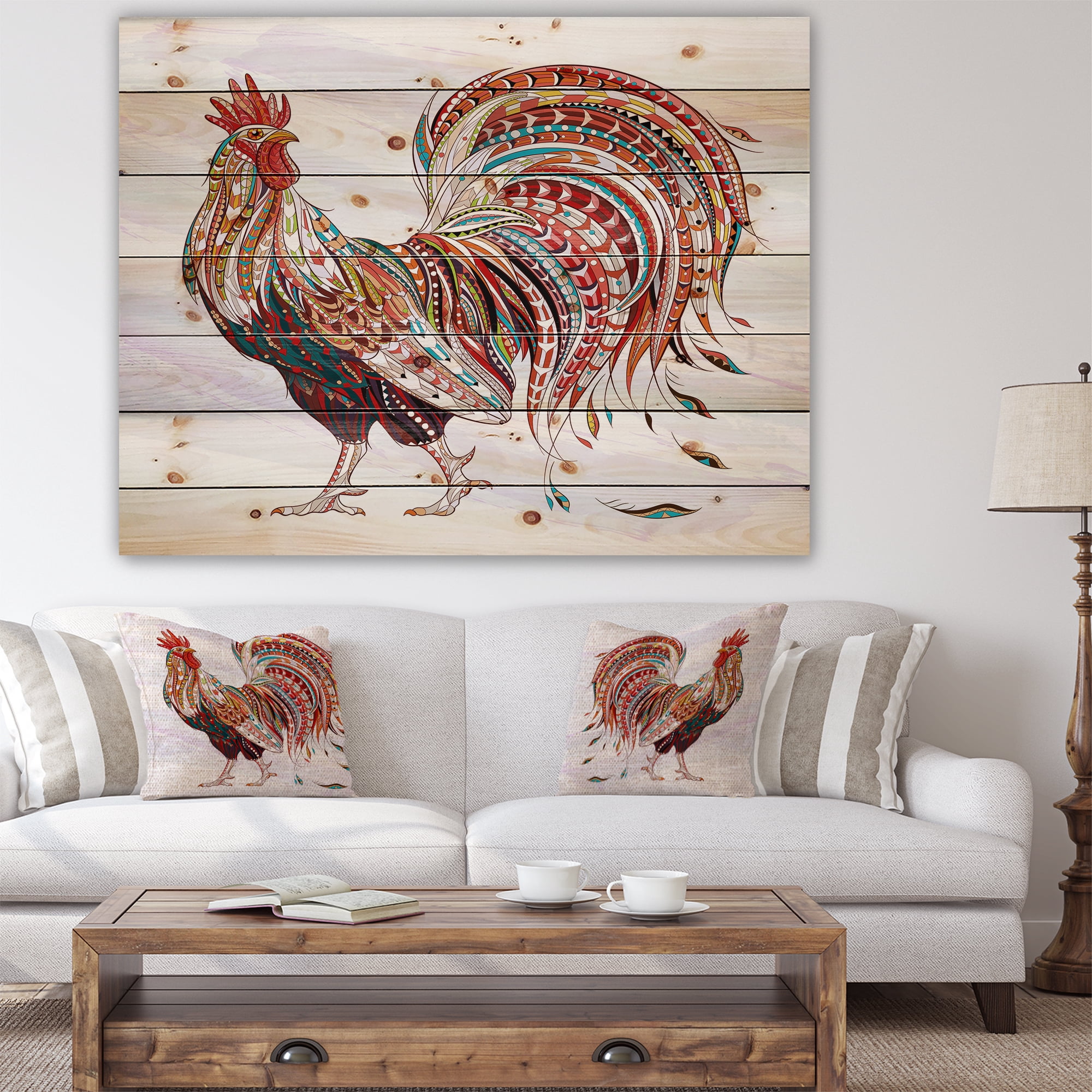 Designart 'Patterned rooster Symbol of chinese new year' Farmhouse Animals of Painting Print on Natural Pine Wood