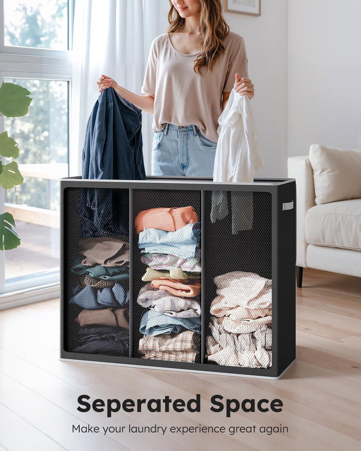 3 Section, Extra Large Laundry Hamper with Lid, Dirty Clothes Hamper with Sturdy Handle, Large Laundry Basket Organizer for Laundry Room, Bedroom, Hampers for Laundry