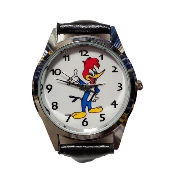 Woody Woodpecker Cartoon Character Black Leather Band Wrist Watch