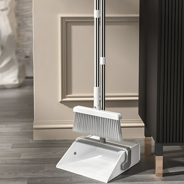 Set de escoba y recogedor para oficina en casa | Mango giratorio 180°, cerdas firmes de varias capas, dientes autolimpiables, plástico blanco, diseño vertical que ahorra espacio, limpieza eficiente