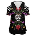 thumbnail image 4 of Sugar Skull Womens Summer V Neck Zipper Top Short Sleeve T Shirt Off Shoulder Top Casual Classy Loose Shirts, 4 of 7