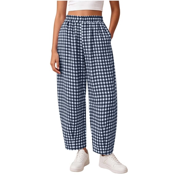 GUACER Womens Gingham Check Wide Leg Pants Elastic Waist Drawstring Casual Lounge Trousers Pockets