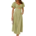 thumbnail image 2 of Women'S Summer Boho Maxi Dress V-Neck Cute Bubble Short Sleeve A-Line Long Dress with Pocket Green XL, 2 of 10