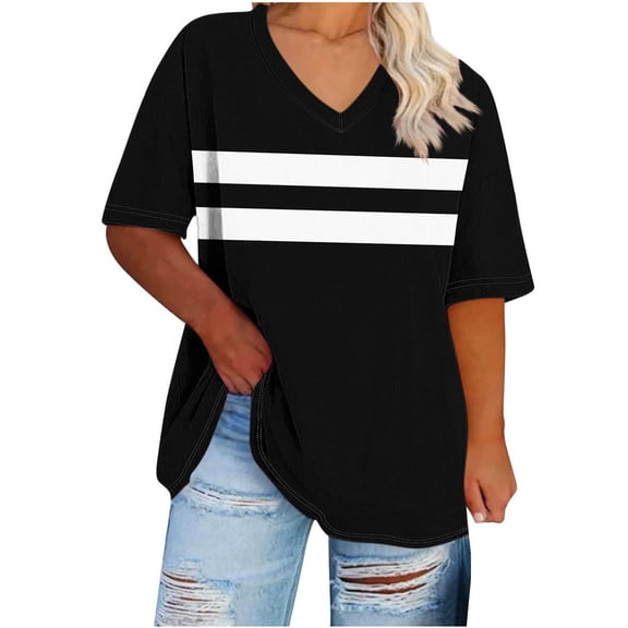 Htigea Plus Size T Shirt for Curvy Women Striped Short Sleeve Summer V-Neck T-Shirt Casual Loose Fit Tunic Tops Dressy Work Blouses Black S