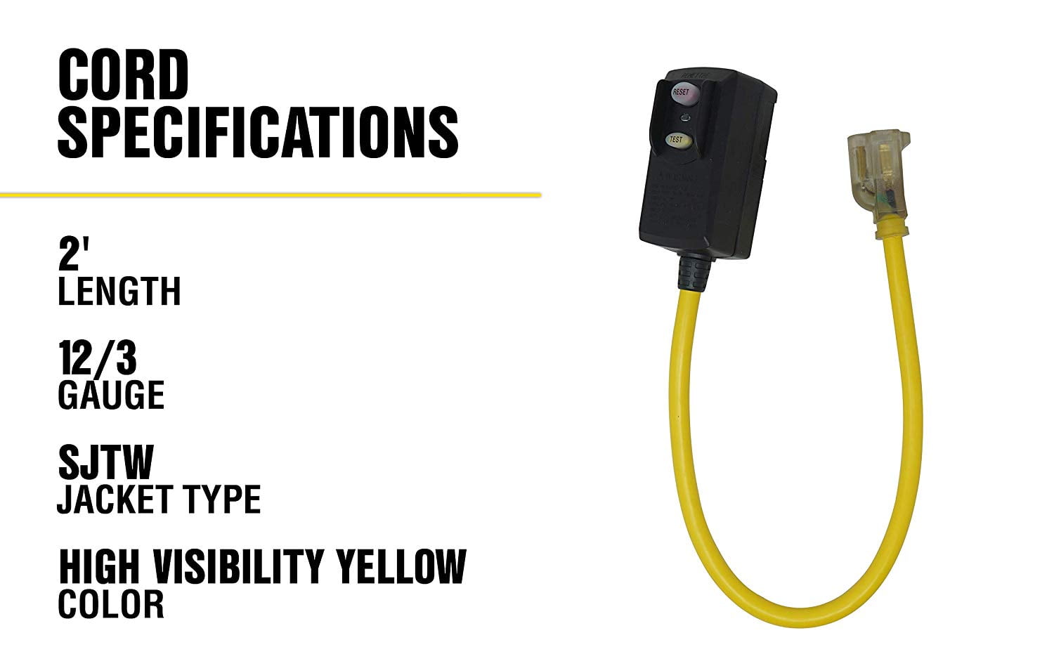 Yellow Jacket 2877 12/3 SJTW GFCI with Lighted End, 2-Feet
