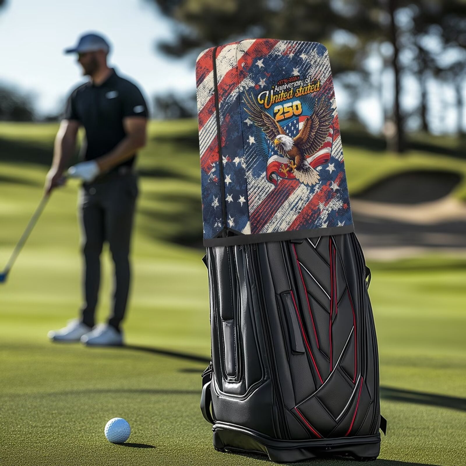 Yuyamidu 250 Annviersary USA Golf Bag Cover Eagle Dust and Sun Protection Golf Bag Umbrella for Clubs with Snap Button Adjustable Easy Access Fit Most Club Bags