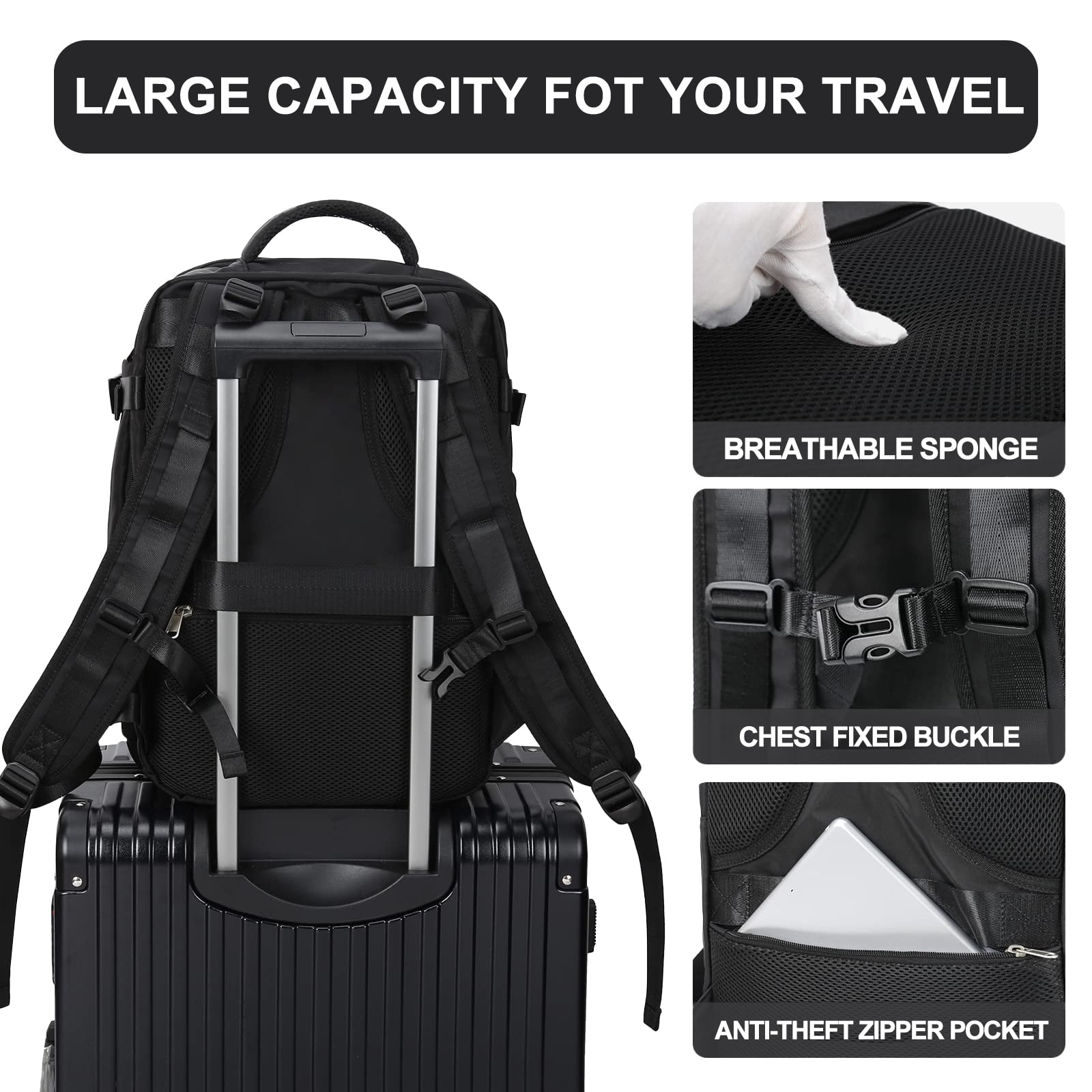 DAKIMOE Large Travel Backpack for Women Men Laptop Bag Airline Approved Carry On Backpacks Waterproof Anti Theft Gym Bags Hiking Flight Approved Luggage Casual Daypack, Large, Black