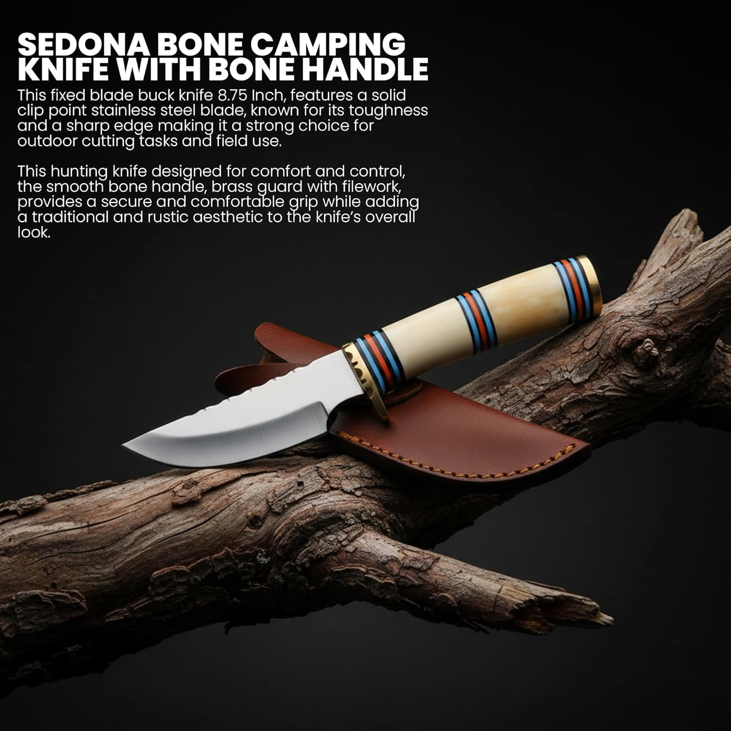 Rite Edge 8.75 Inch Fixed Blade Hunting Knife With Bone Handle Stainless Steel Blade Filework Brass Guard Leather Sheath Outdoor Knife