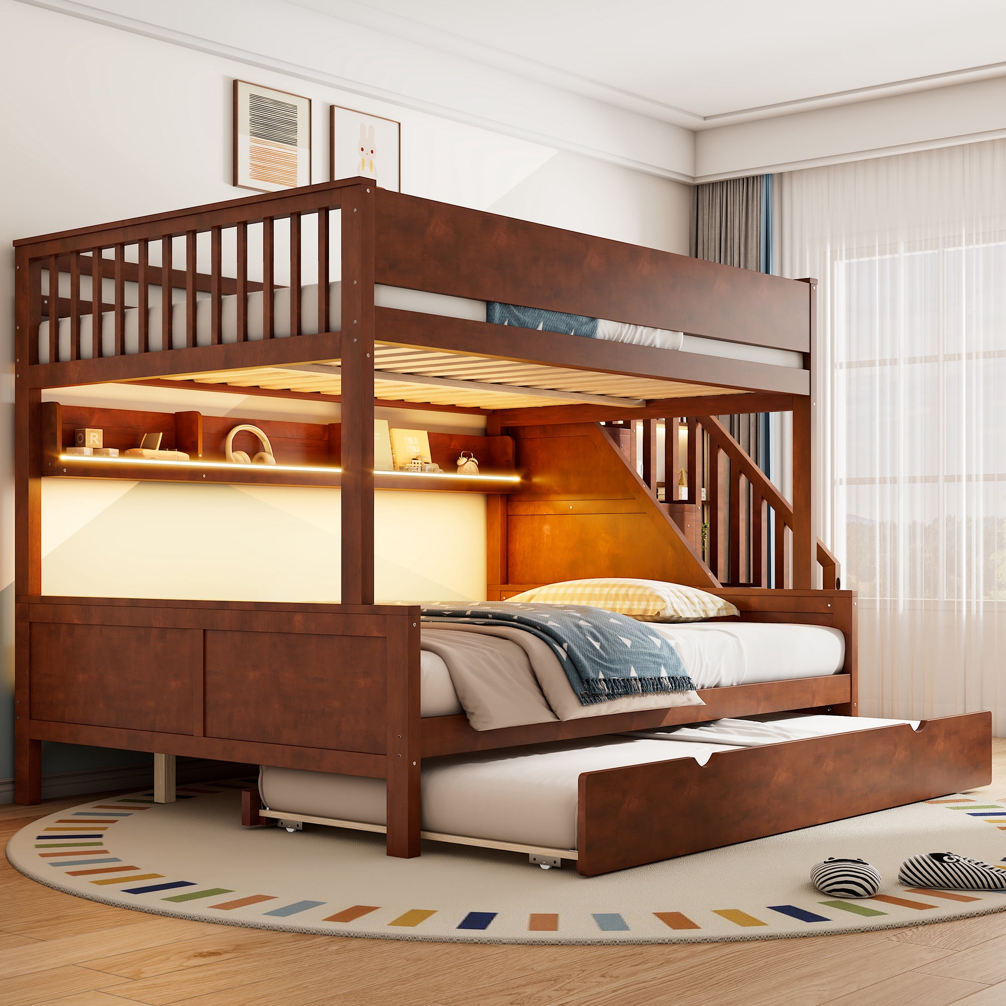 Euroco Full XL over Queen Bunk Bed with Storage Staircase and Shelves, Wood Bed with Trundle and LED Light, Walnut