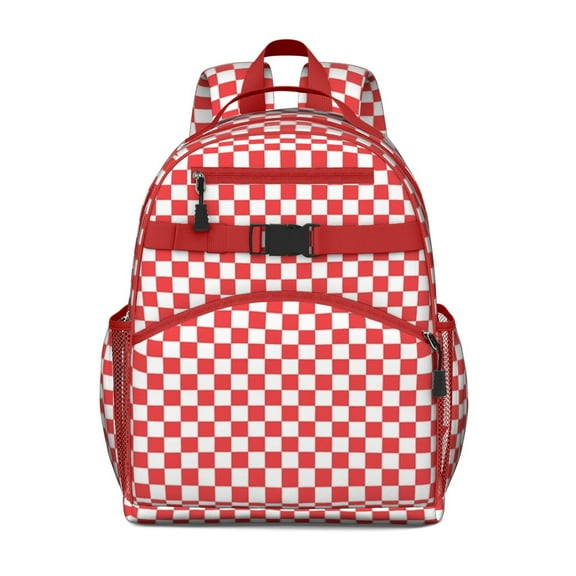 White Red Checkered Backpack for School,Cute School Bag,Schoolbag with Adjustable Shoulder Straps & Padded Back,15.25"x11.5"x5.25"