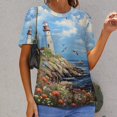thumbnail image 6 of Lighthouse Sunrise Coast Scenery Pale Blue Tan Women's Short Sleeve T-Shirt Crew Neck Casual Summer Trendy Loose Fit Tops, 6 of 6