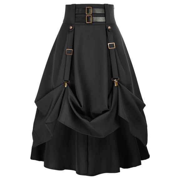 LWavelet Steampunk Style Belted Ruched Maxi Skirt Women Cosplay Party Trendy Unique Bottoms Black M