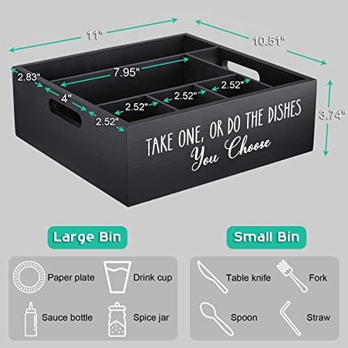 Paper Plate Dispenser for Countertop - Wooden Utensil Holder Organizer for Party - Silverware Caddy for Plate, Cup, Fork, Spoon - Cutlery Holder with Handles for Kitchen Camping Buffet