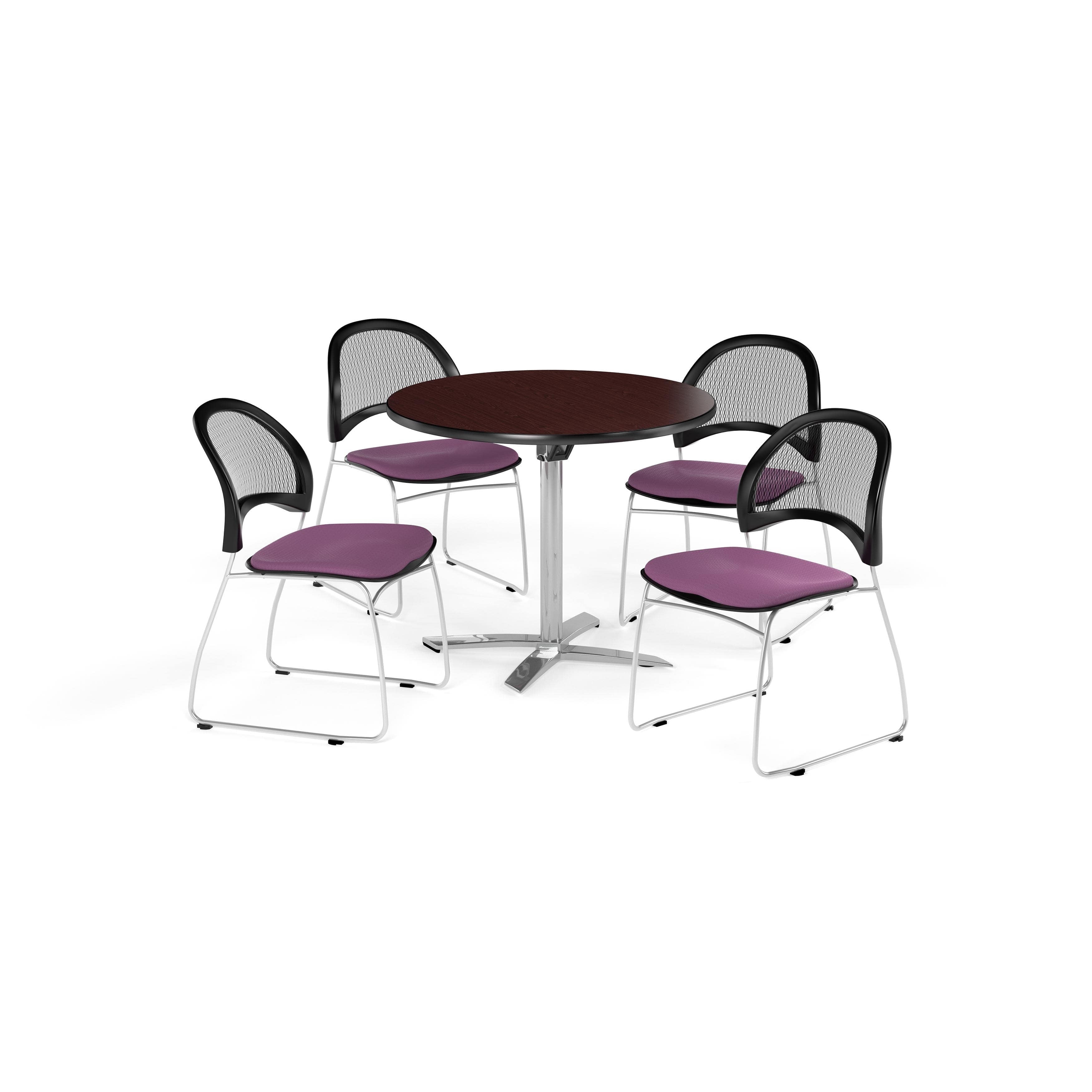 OFM Multi-Use Break Room Package, 42" Round Flip-Top Table with Moon Stack Chairs, Mahogany Finish with Lavender Seats (PKG-BRK-171)