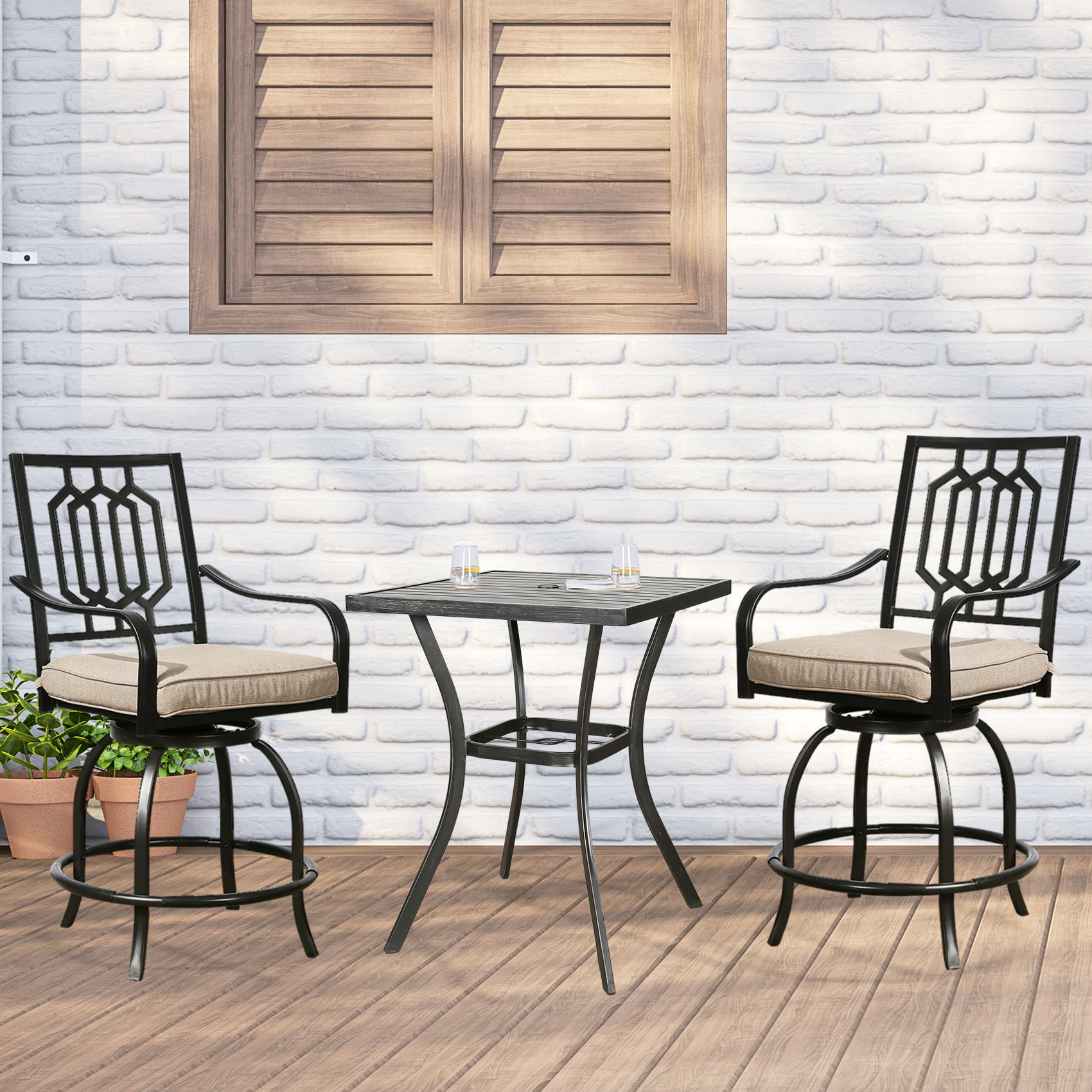 Ulax Furniture 3 Pieces Outdoor Bar Set Patio Furniture Conversation Bistro Set with Counter Height Swivel Chairs and Bar Table 