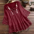 thumbnail image 2 of Blouse For Women Summer Vintage Lace Patchwork Bow V Neck Embroidery Summer 3/4 Sleeve Retro Solid Tops T Shirt, 2 of 2