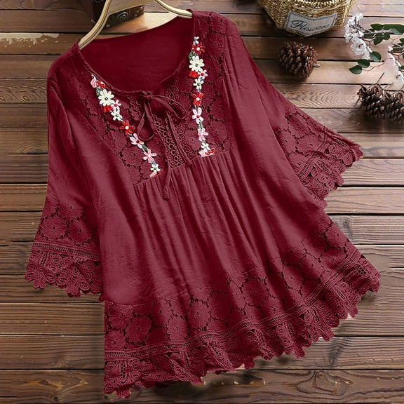 Blouse For Women Summer Vintage Lace Patchwork Bow V Neck Embroidery Summer 3/4 Sleeve Retro Solid Tops T Shirt Elbow Tops for Women Striped Short Sleeve Tee Womens Tee Shirts Womens Long Sleeved Tees