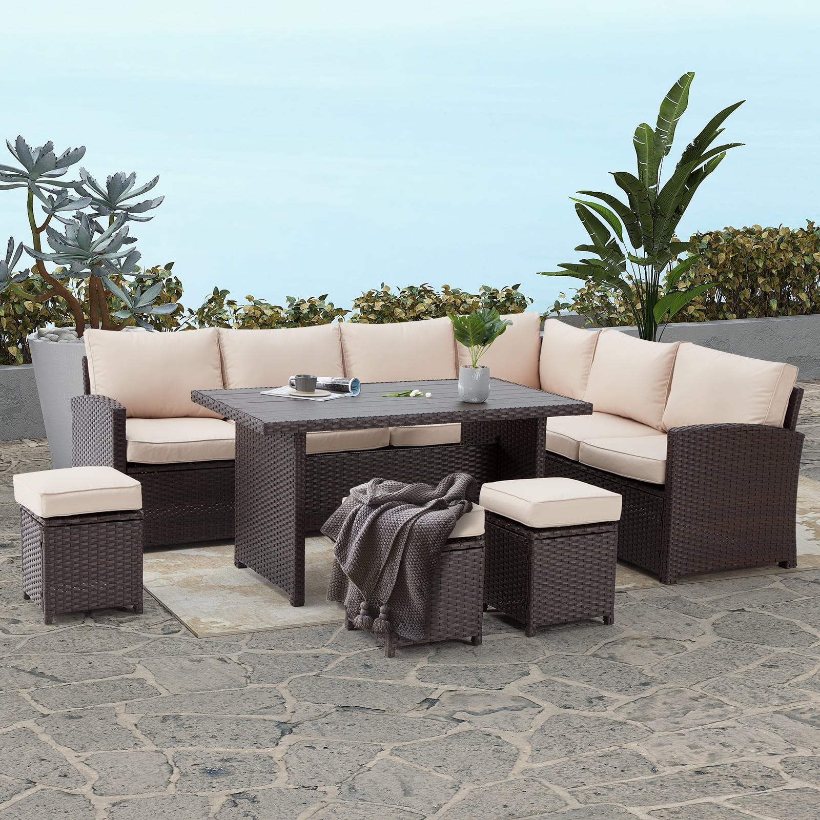 AECOJOY 7 Piece Patio Conversation Set, Outdoor Sectional Sofa Rattan Wicker Dining Furniture in Beige