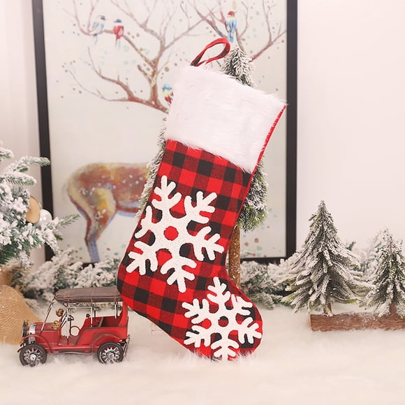 Christmas Stocking 19'' 3D with Plaid Snowflake Plh Faux Fur Cuff Christmas Decorations and Party Decorations Style 3
