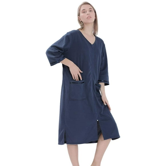 EIMELI Women‘s Zipper Robes 3/4 Sleeve Zip Front Robe Knee Length Lightweight Housecoats with Pockets