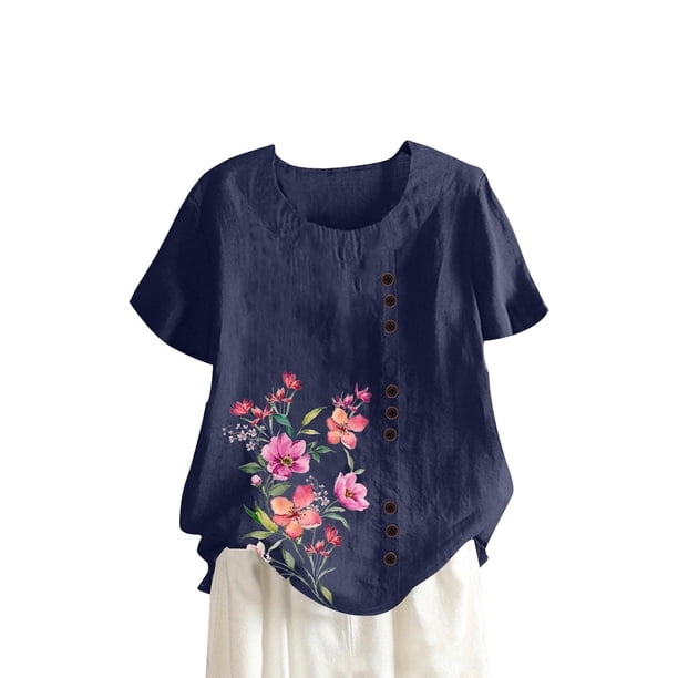 Camisetas de Manga Corta para las Mujeres Botón de Impresión Casual Cuello Redondo Camiseta Superior, Blusas para las Mujeres Casual