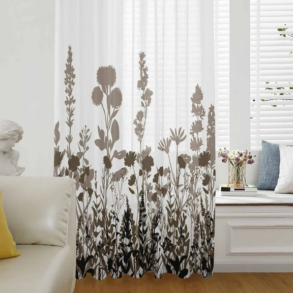 Brown Flowers Semi Sheer Curtains Drapes for Living Room, Bedroom, French Doors Window 96 Inches Long, Vintage Country Spring Wild Floral Herbs Rod Pocket Chiffon Curtain Drapery Voile Drape Panel