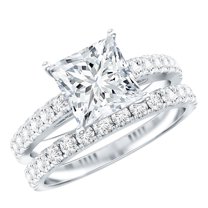 Rosec Jewels Certified Moissanite Wedding Ring Set for Women - 7 mm Princess Cut - D-VS1 Quality, 14K White Gold, US 9.50