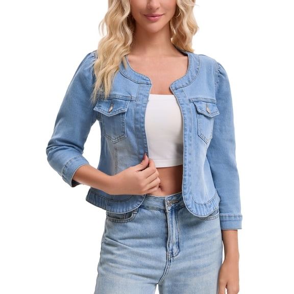 Women's Denim Jacket Collarless 2026 Cardigan Long Sleeve Jean Jackets S Light Blue