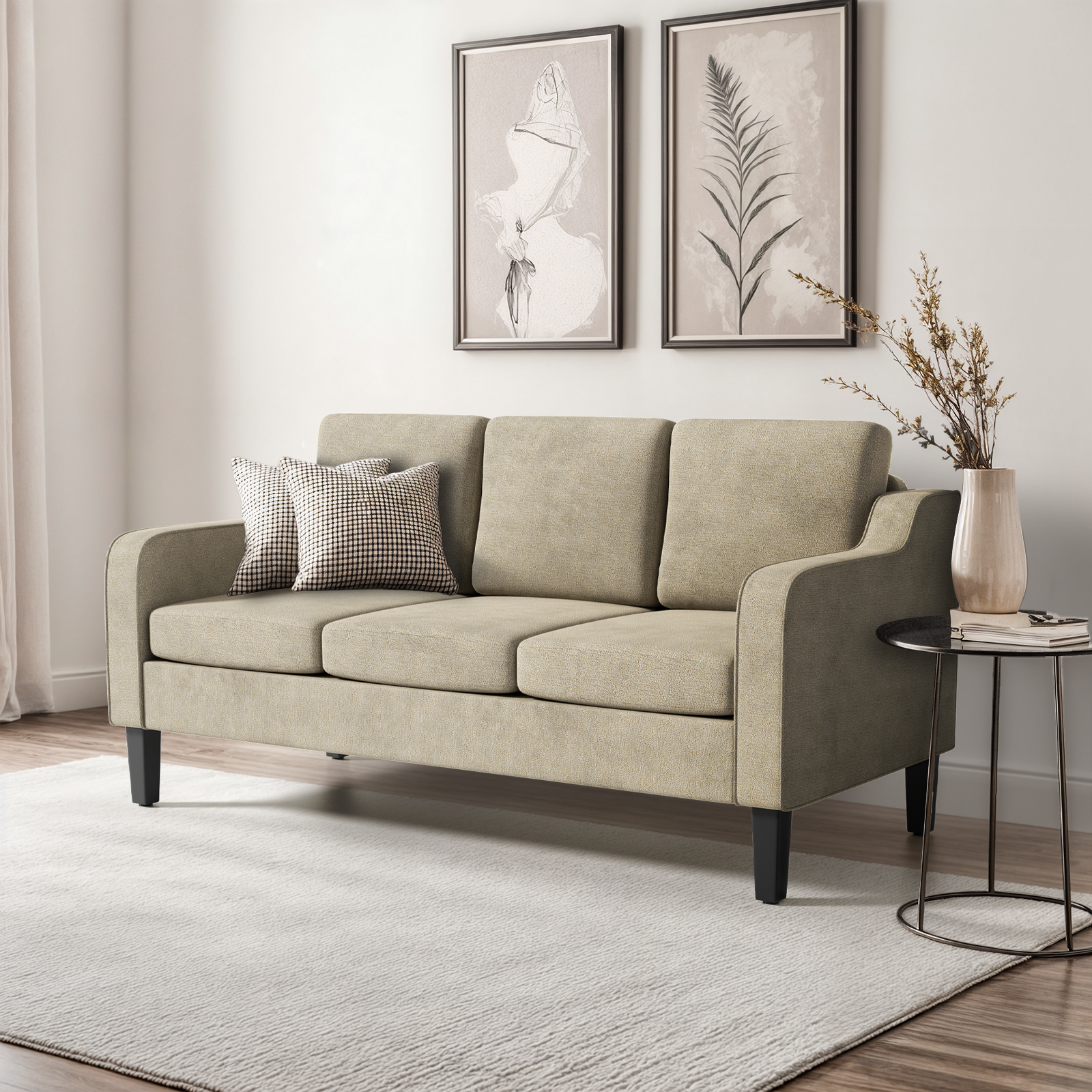 OSM 64" Apartment Sofa for Small Spaces, 3-Seater Couch with Removable Cushions & Wooden Legs, 600 lb Capacity Compact Modern Sofa Bed, Living Room, Bedroom, Beige