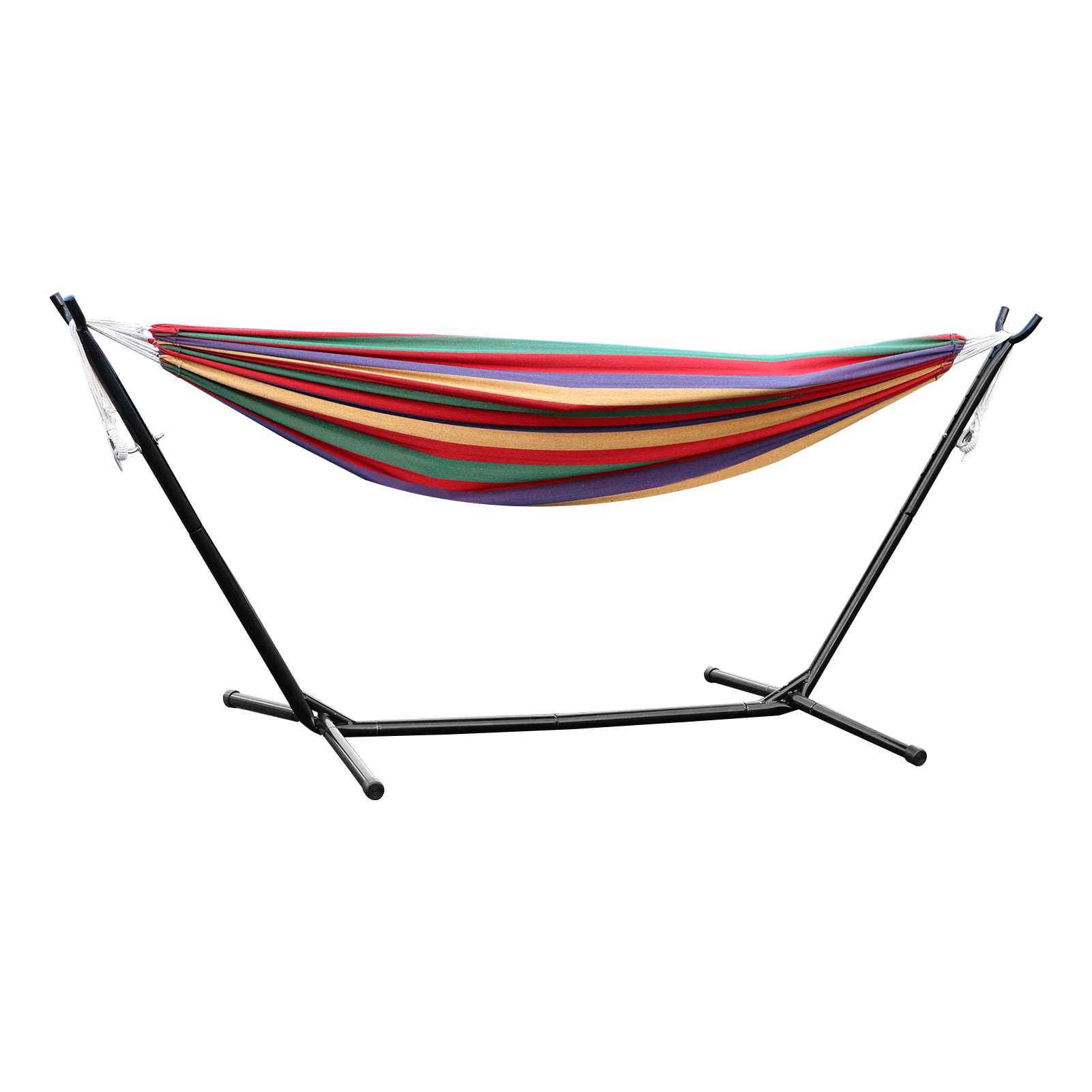 TidBay Basics Double Hammock with Space Saving Metal Stand, Indoor Hammock Stand with Carrying Bag, Strong Load-Bearing, Striped Print