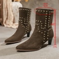 thumbnail image 4 of Xfvqtps Studded Ankle Boots for Women Winter Low Heel Slip on Booties Pointed Toe Suede Casual Fashion Boots Comfortable Shoes Brown, 4 of 9
