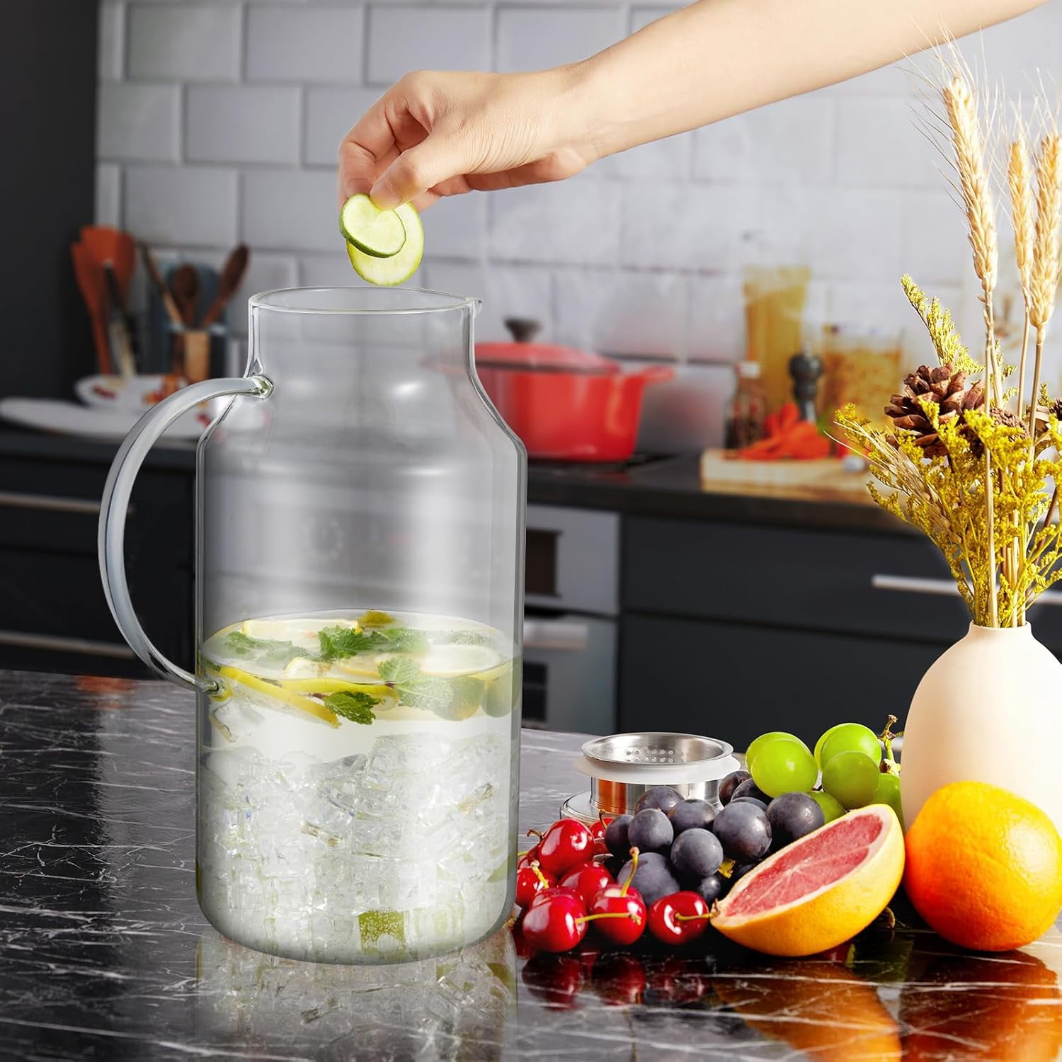 1 Gallon Glass Jug with Lid and Spout, Bivvclaz Glass Water Jug for Refrigerator, Hot and Cold Water Carafe, Ice Tea Jug, Coffee, Juice and Homemade Beverage Jug