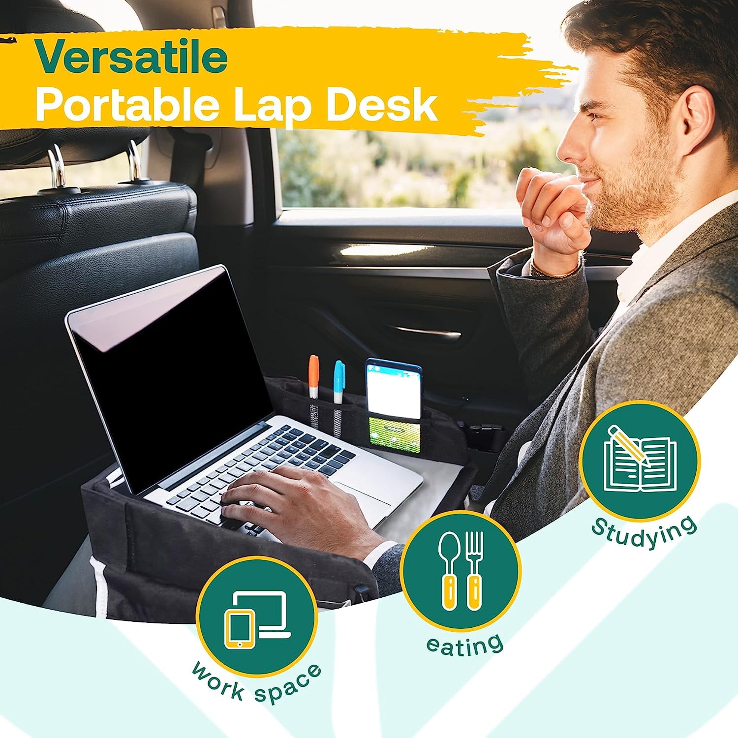 Cerizona Travel Lap Desk - Travel Tray, Portable Lap Desk for Car, Remote Work, Trips, School - Storage Pockets, Laptop Tablet Sleeve, Adjustable Carrying Strap - Fits up to 15.6-Inch Laptop (Black)