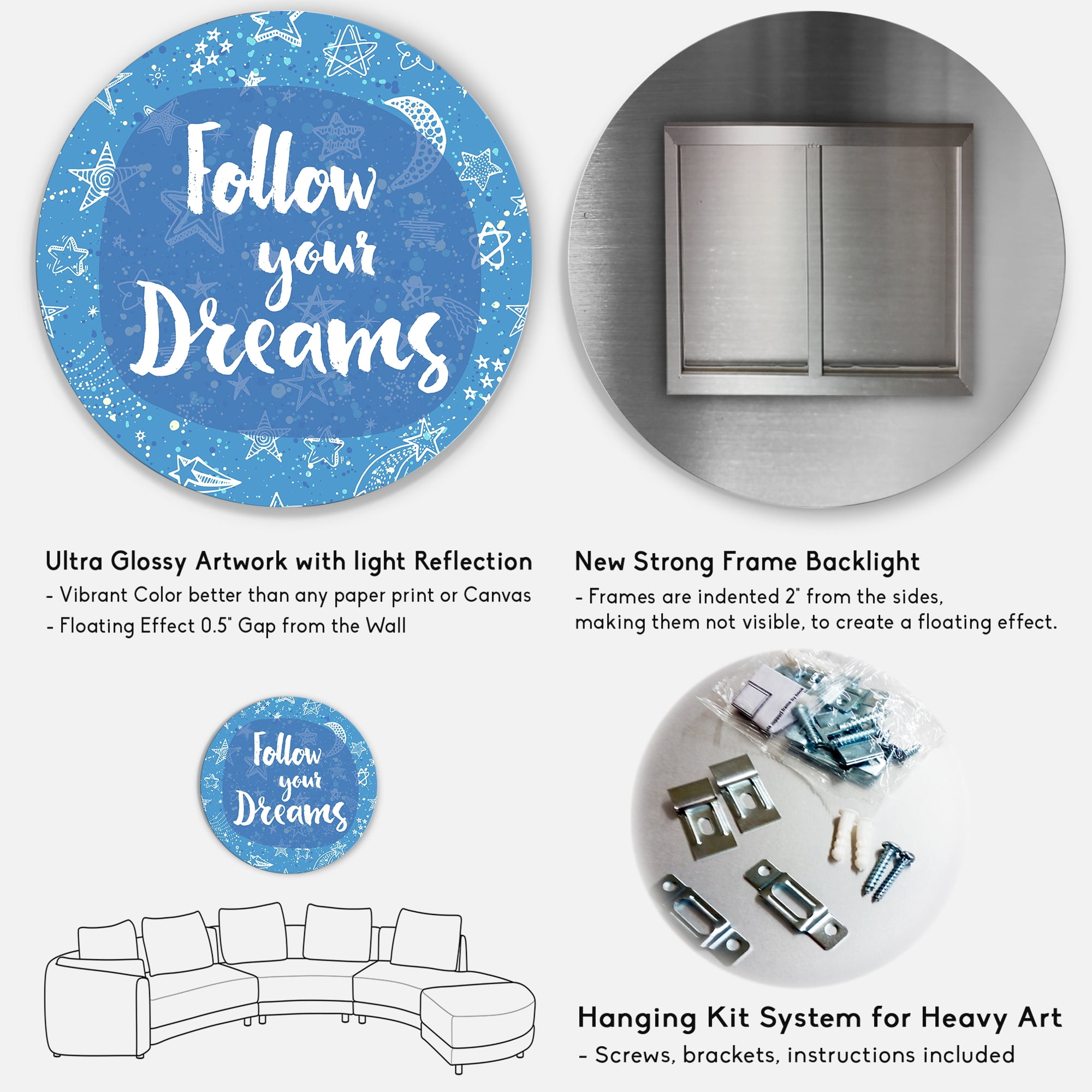 Designart 'Follow Your Dreams On Blue II' Modern Circle Metal Wall Art 36x36 - Disc of 36