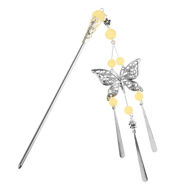 TISHITA Bâton de Cheveux Papillon pour Femmes avec Perles et Pompons Accessoires Cheveux Jaune Clair