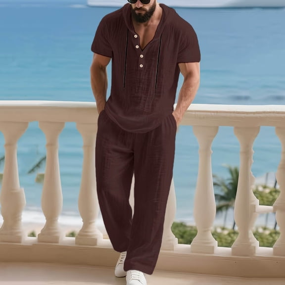 Sets for Men Clothing 2 Piece Solid Color Cotton-Linen Look Short Sleeve Hooded Shirt and Drawstring Waist Pocket Pants, Resort Style Outfit Coffee S