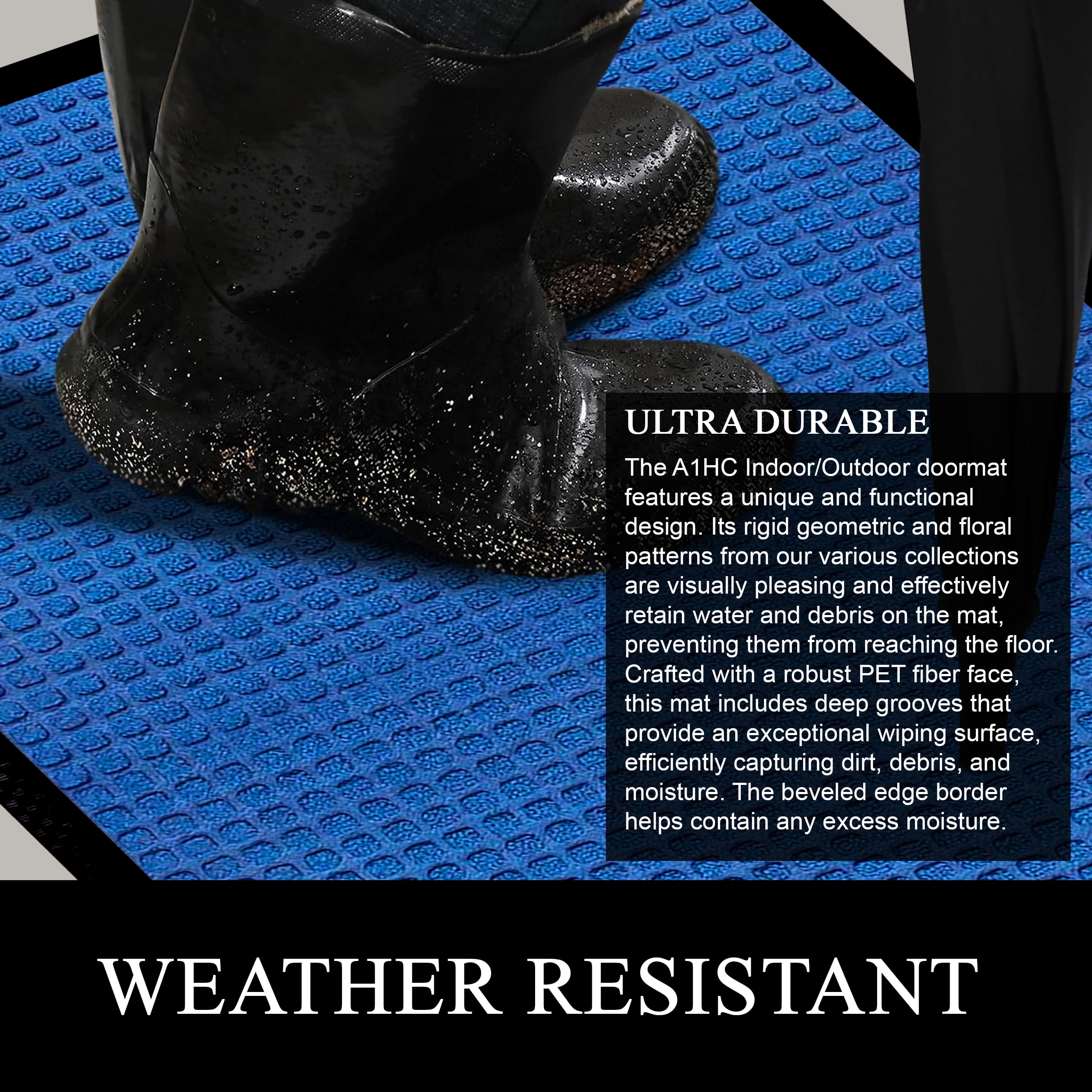 A1HC Indoor Outdoor Mat, Front and Back Entrance Welcome Mats, Front Door Patio Mats 32X48 Inches, Non-Slip Easy Clean Entrance Washable Large Size Doormat, Blue Waffle