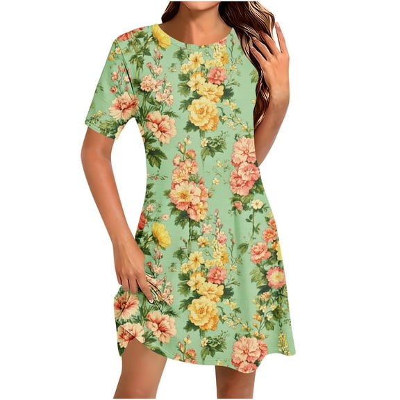 Summer Flower Dress for Women Casual Short Sleeve Crewneck Tank Dresses Beach Vacation Mini Sundress
