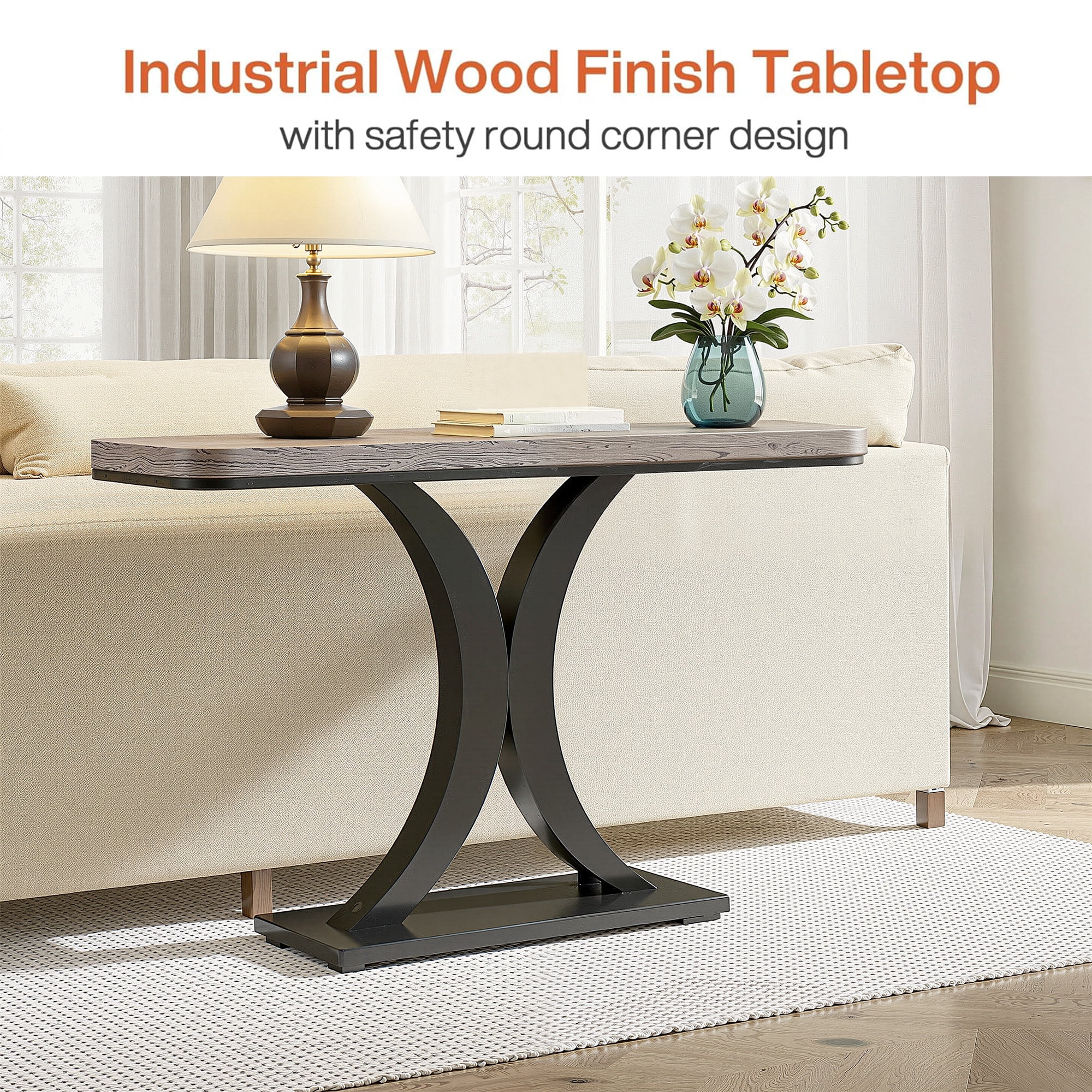 MAYEERTY 40 Inch Tall Sofa Table, Matte Black Geometric Metal Base Hallway Accent Table