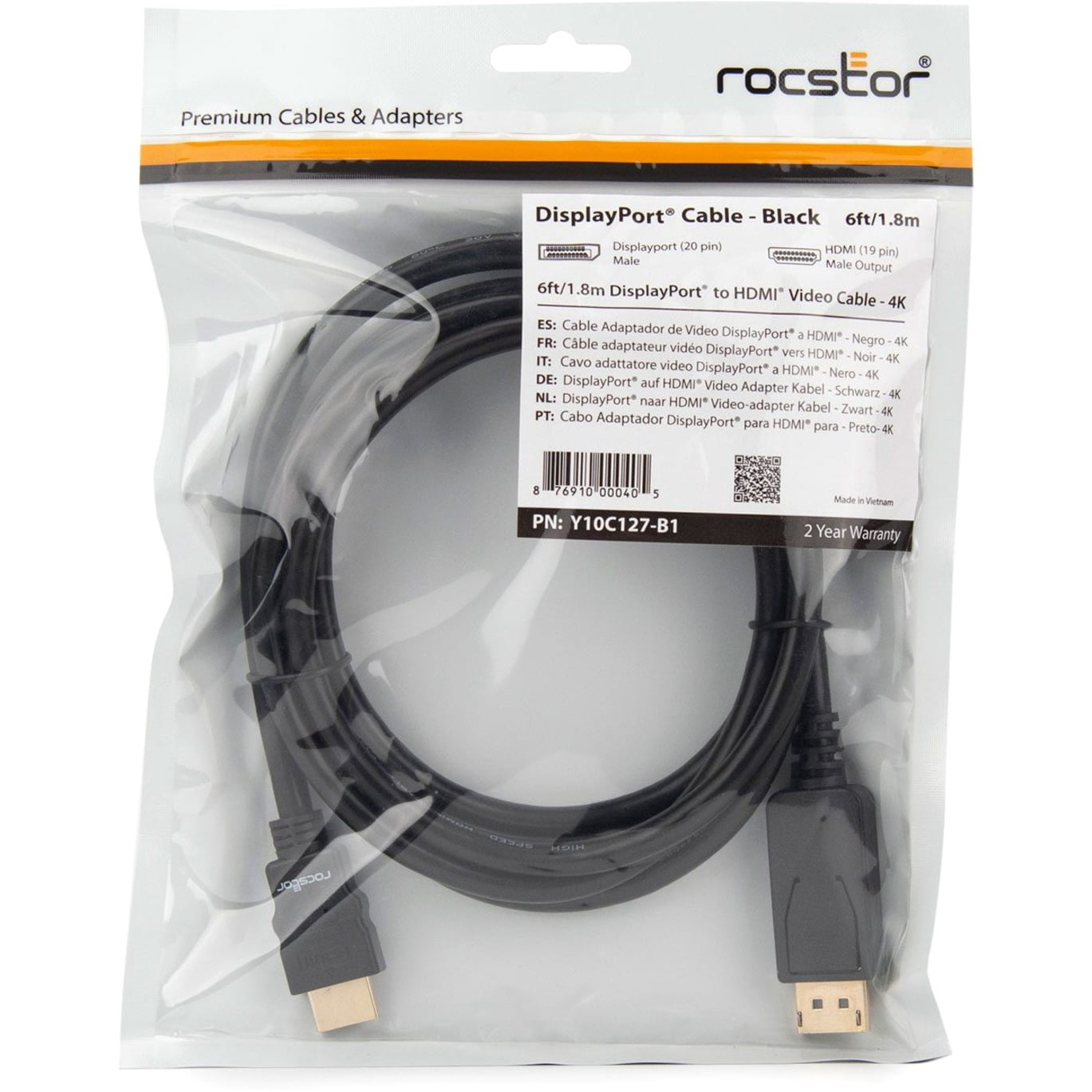 Rocstor Premium DisplayPort to HDMI Converter Cable - 6 ft - 4K - DisplayPort  (Y10C127B1)