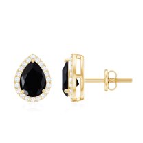 Rosec Jewels 2 CT Classic Pear Cut Black Onyx and Moissanite Stud Earrings, 14K Yellow Gold